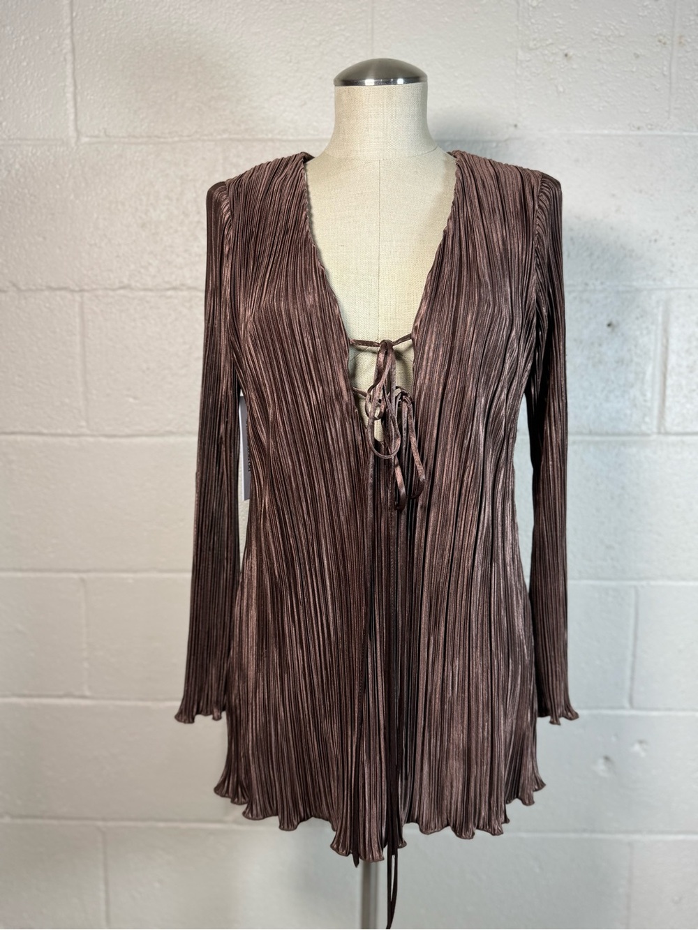 NWT Princess Polly Deep V Front Tie Pleated Satin Chocolate Brown Mini Dress